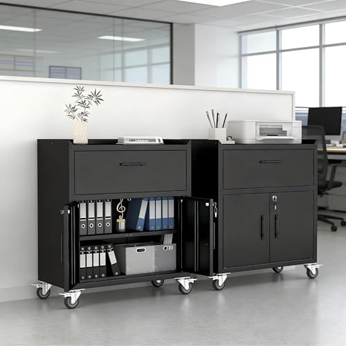 Metal Storage Cabinets Locker with Shelves and Drawer, Metal Rolling Storage Cart, Adjustable Shelf, Tool Organizer for Garage Warehouse, Black, 35" H x 30" W x 18" D Metallitrend