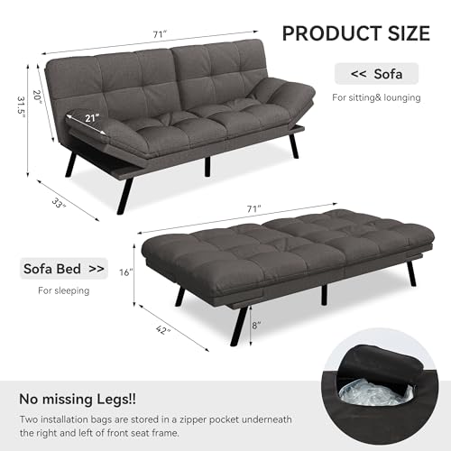 Vipbear Convertible Futon Sofa Bed,Grey Linen Futon Couch with Detachable Cushion,Adjustable Backrest & Armrest,Modern Small Recliner Loveseat Sleeper Couch for Living Room,Office,Apartment Vipbear