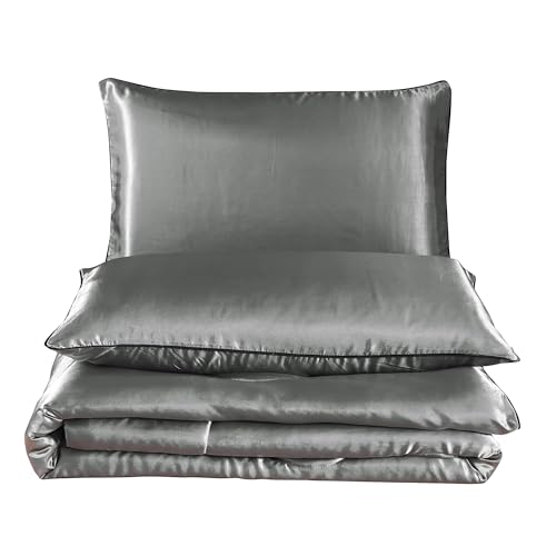 Holawakaka Luxurious Solid Satin Silk Like Comforter Set Ultra Soft Silky Quilt Breathable Bedding Bed-in-A-Bag Queen Size (Grey) Holawakaka