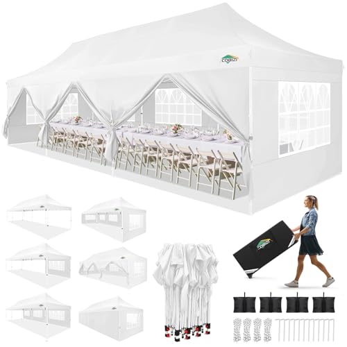 COBIZI 10x30 Pop up Canopy with Roller Bag & 8 Removable Sidewalls, Canopy Tent for Parties, Wedding, and Commercials, Waterproof and Instant Shelter UV50+ Outdoor Gazebo with 4 Sandbags(White) COBIZI