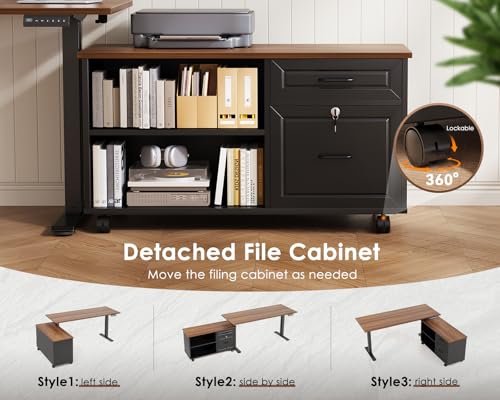 OffiGo 55 Inch L Shaped Electric Standing Desk with Drawers & File Cabinet Sets, Executive Sit Stand Desk, Height Adjustable Computer Desk for Home Office, Writing, Workstation, Walnut+Black OffiGo