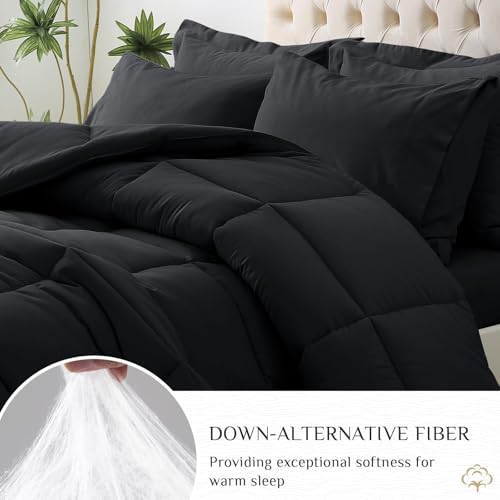 JOLLYVOGUE Full Comforter Set, Ultra-Soft Bed in a Bag Full Size 7 Pieces, Oeko-TEX Certified Bedding Set with Down Alternative Comforter, Sheets, Pillowcases & Shams, Black JOLLYVOGUE