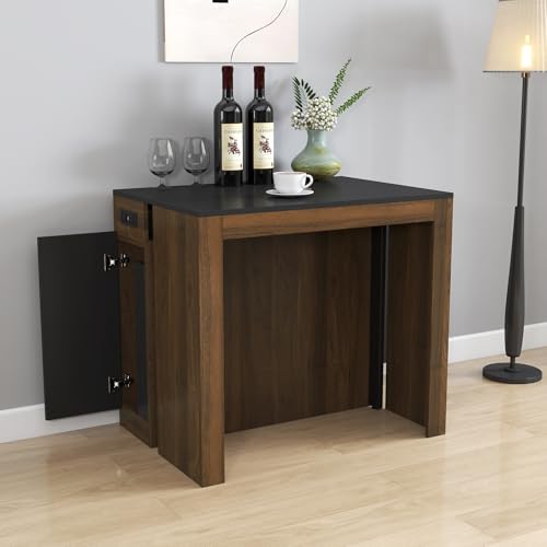 24"-118" Extendable Dining Table with Storage for 2-12 People, Modern Space-Saving Extra Long Wood Folding Table with USB & AC Outlets, Multifunctional Conference Meeting Desk, Black & Walnut DMAITH