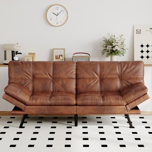 AMICLIBER Futon Sofa Bed Convertible Couch, Brown Faux Leather Sofa Bed with Memory Foam, Adjustable Backrest & Armrests, Multifunctional Small Loveseat Sleeper Sofa for Living Room, Apartment, Office AMICLIBER
