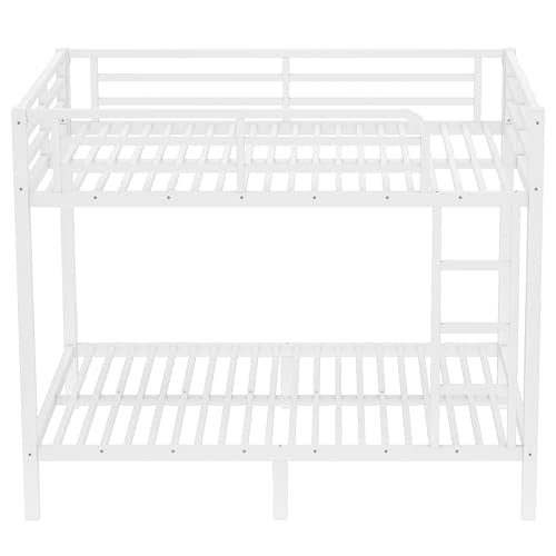 Bellemave Full Over Full Bunk Beds for Adults with Ladder & Full-Length Guardrails, Metal Heavy Duty Full Size Bunk Bed Frame with Sturdy Slats, Noise Free, No Box Spring Needed, White Bellemave
