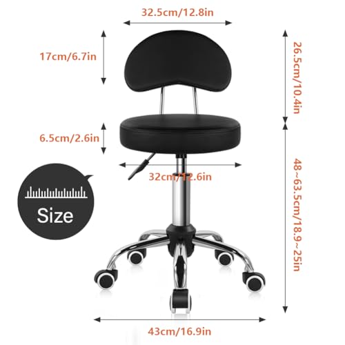 KKTONER Rolling Stool with Mid Back Height Adjustable Chair PU Leather Swivel Chair with Wheels for Office Home Task Drafting (Black) KKTONER
