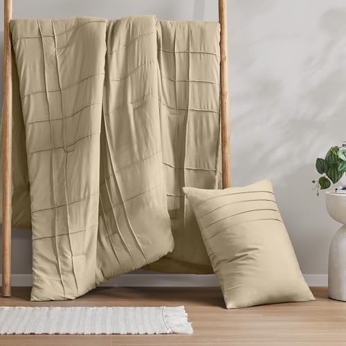 Comfort Spaces Khaki Twin Size Comforter Set - 2 Pieces Pintuck Pleated Bedding Sets, All Season Lightweight, Extra Softness Pre-Washed Microfiber Twin Bed Set, Shams, Twin Comfort Spaces
