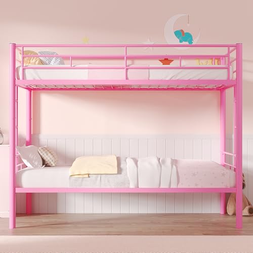 VECELO Bunk Bed Twin Over Twin, Metal Bunkbeds with Ladder and Full-Length Guardrail, No Box Spring Needed, Space Saving, Noise Free, Light Pink VECELO
