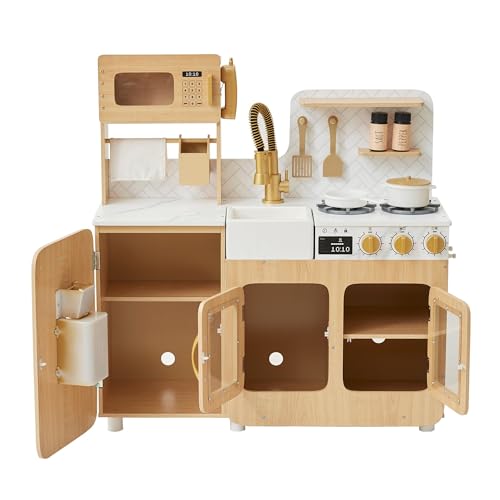 Teamson Kids Little Chef Cyprus Medium Wooden Play Kitchen with Interactive, Realistic Features, and 14 Kitchen Accessories for 3yrs and up, Light Oak/Faux White Marble/Gold Teamson Kids