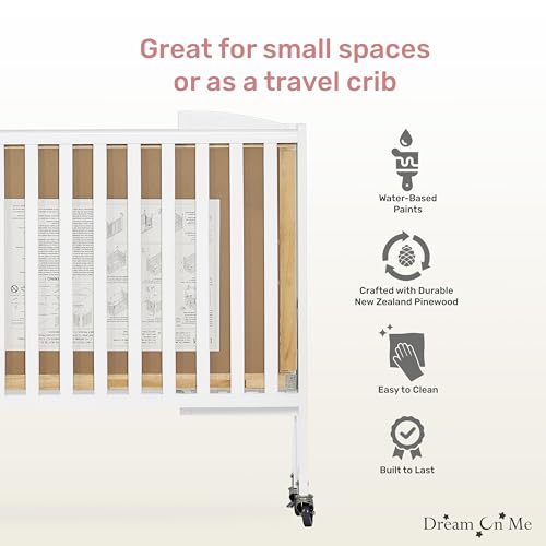Dream On Me Folding Full-Size Convenience Baby Crib in White, GreenGuard Gold & BSA, Portable, Patented Quick Folding System, Strong Wheels, 2 Adjustable Mattress Heights