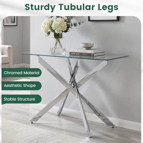 Giantex Glass Console Table, 45" Modern Entryway Table w/Clear Tempered Glass Top & Heavy Duty Metal Tubular Legs, Accent Sofa Tables, Behind Couch Tables for Living Room, Entrance, Hallway, Silver Giantex