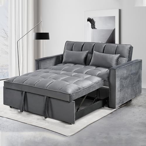 3 in 1 Convertible Sleeper Sofa Bed,Modern Velvet Loveseat Futon Couch Pullout Couches Bed,Small Love Seat Lounge Sofa w/Reclining Backrest, Toss Pillows, Furniture for Living Room (Dark Gray) YHUBHSIS