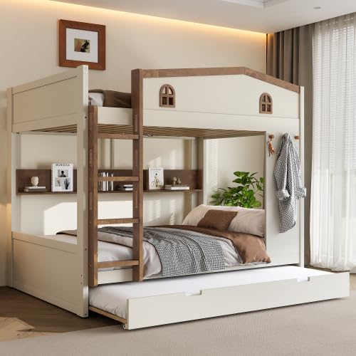 Bellemave Queen Over Queen Bunk Bed with Trundle & Hooks, Wooden Floor Bunk Beds Frame with Storage Shelves & Ladder for Kids Teens, Beige+Natural Bellemave