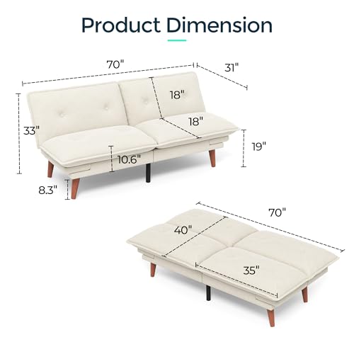 LINSY HOME Futon Sofa Bed, 70" Chenille Futon Couch with Adjustable Backrest Armrest, 3 in 1 Convertible Comfy Loveseat Sleeper Sofa Bed for Small Spaces Dorm Room Apartment Home Office, Beige White LINSY HOME