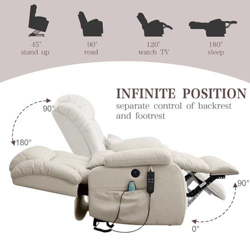 Infinite Position Lay Flat Lift Recliner Chair for Adults, Dual Motor Power Lift Chair for Elderly with Massage & Heating, USB Ports, Remote Control & Lumbar Pillow, Linen Fabric (Ivory)
