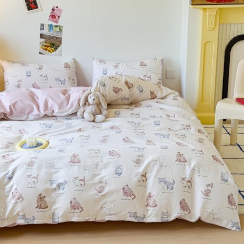 LIWHENHAO Cat Duvet Cover Set Queen 100% Cotton Bedding Cartoon Brown Gray Pink Pet Cats on White 1 Cute Kawaii Animal Comforter Cover Full 2 Pillowcases for Kids Girls Boys Woman LIWHENHAO