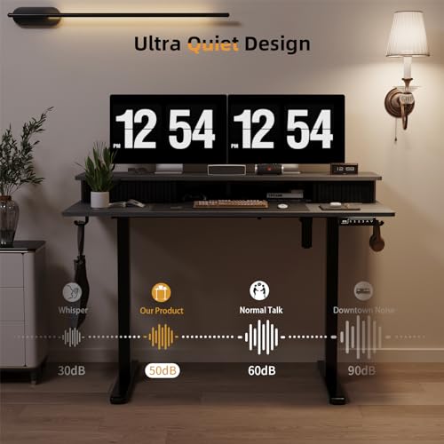JOY worker Height Adjustable Electric Standing Desk with Storage Shelves, 48 Inch Table with Built-in Monitor Stand, Sit Stand Desk with 2 Hooks for Home Office, Grey Desktop & Black Frame JOY worker