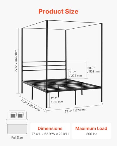 VEVOR Canopy Bed Frame Full Size, Metal Canopy Bed with Four Posters Design, Heavy Duty Steel Slats Support, Underbed Storage Space, No Box Spring Needed, Easy Assembly, Black