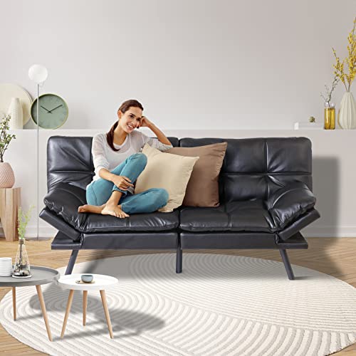 Black Faux Leather Futon Convertible Couch Bed Folding Memory Foam Sleeper Loveseat Adjustable Lounge Futon Sets Sofabed for Living Room,Apartment,Dorm,Office Opoiar