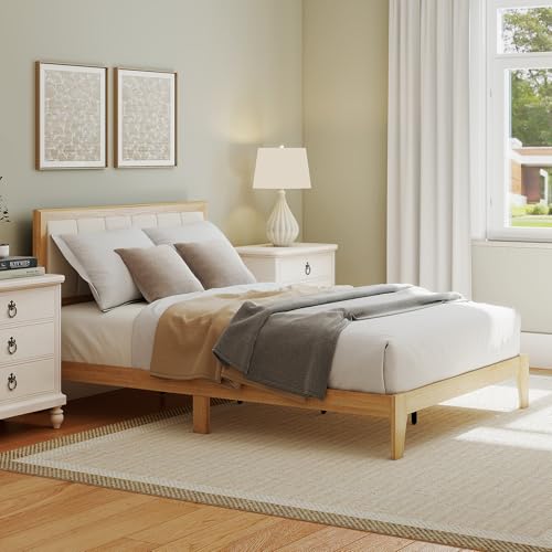 HOMCOM Full Size Bed Frame with Upholstered Headboard, Platform Bed Frame with Wooden Slats, No Box Spring Needed, Easy Assembly, Natural HOMCOM