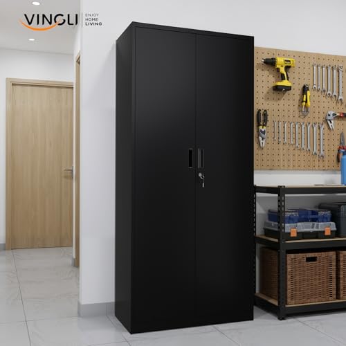 VINGLI Metal Garage Storage Cabinet with 2 Doors and 5 Adjustable Shelves, 71" Tall Steel Lockable File Cabinet, Locking Tool Cabinets for Home Office Garage Gym School (Black) VINGLI