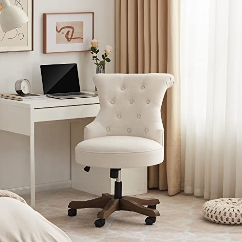 Batohom Home Office Chair Adjustable Height Swivel Chair with Wheels Linen Fabric Upholstered Computer Desk Chair with Wooden Legs Comfortable Armless Chair for Home Office Study Studio(Beige) Batohom