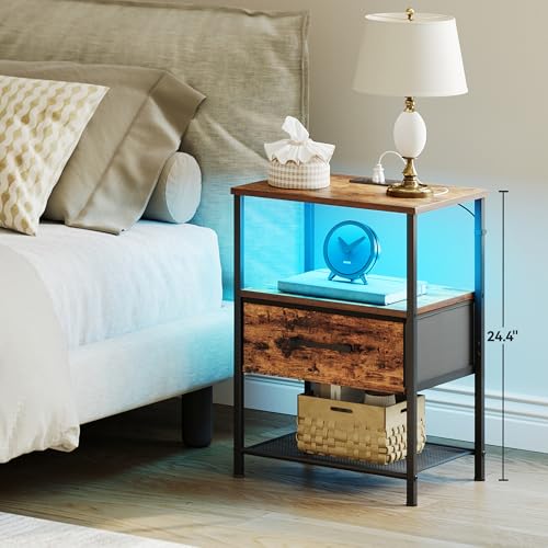 TRIFEBLE Night Stand Set 2, End Table with Charging Station, LED Bedside Table with Fabric Drawer for Bedroom, 3-Tier Side Table with Open Shelf, Rustic Brown TRIFEBLE