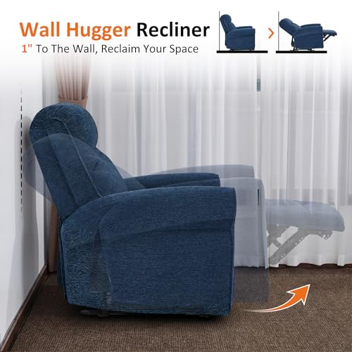 MCombo Compact Wall Hugger Power Recliner Chair for Small Spaces, Dual USB-A/C Ports, Rolled Arm Recliner for Living Room & RV, Fabric PR520 (Fabric, Navy Blue, Small)