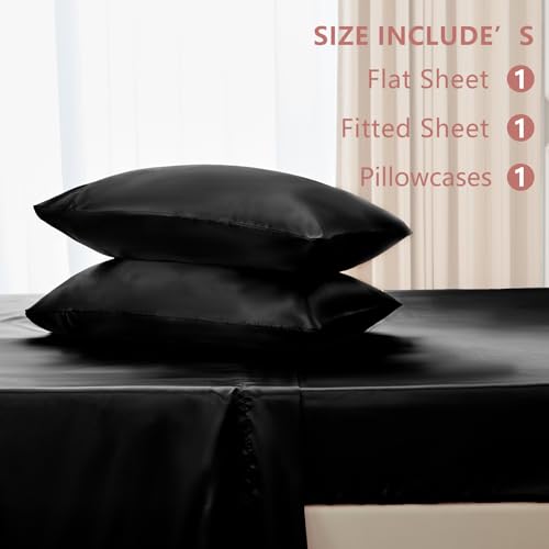 CozyLux Satin Sheets Twin Sheet Set - 3 Piece Silky Twin Bed Sheets, Luxury Black Sheet Twin Size Bed Set with Smooth and Soft Microfiber, Includes 1 Fitted Sheet, 1 Flat Sheet and 1 Pillowcase CozyLux