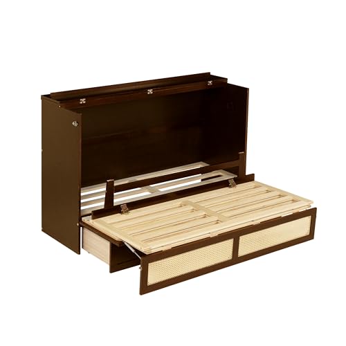 KALALLA Retro Rattan Queen Size Murphy Bed Cabinet with Storage Drawers, Hidden Foldable Platform Bed, Space Saving for Small Room, Kids Adults Guest, Walnut KALALLA