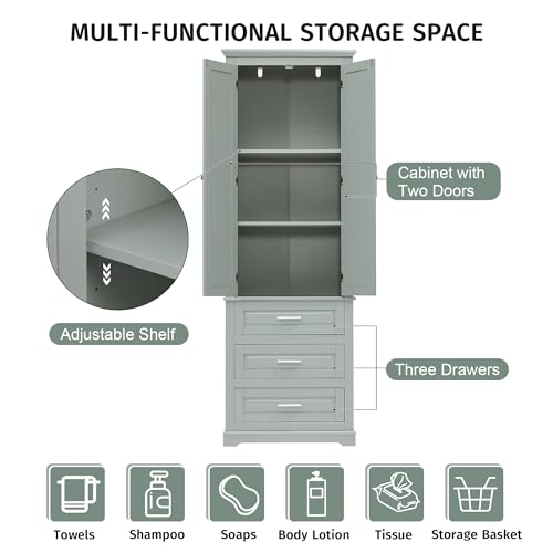 62.2" Wide Storage Cabinet Pantry Cupboard with Doors and Drawers for Home Kitchen, Bathroom and Living Room, Adjustable Shelf, White Merax