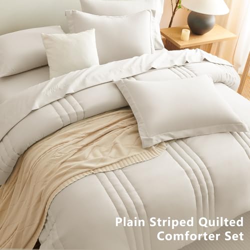 CozyLux Queen Size Comforter Sets - 7 Piece Bed in a Bag Beige Comforter Set with Sheets Luxury Queen Bed Set All Seasons, Soft Bedding Set with Down Alternative Comforter, Sheets, Pillowcases & Shams CozyLux