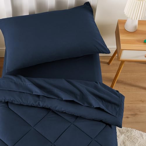 Wake In Cloud - Toddler Bedding Set for Boys Girls, 4 Pieces Soft Crib Bed Set Including Comforter, Sheets and Pillowcase, Navy Blue Wake In Cloud