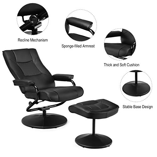 WATERJOY Swivel Recliner Chair, PU Leather Lounge Armchair Recliner, 360 Degree Swivel Overstuffed Padded Seat Chair with Footrest Stool Ottoman Set for Office Living Room Black