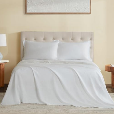 DAPU Pure Linen Sheets Set, 100% French Linen From Normandy, Breathable and Durable For Hot Sleepers, 4 Pcs Set - 1 Flat Sheet, 1 Fitted Sheet, 2 Pillowcases (White, Queen)