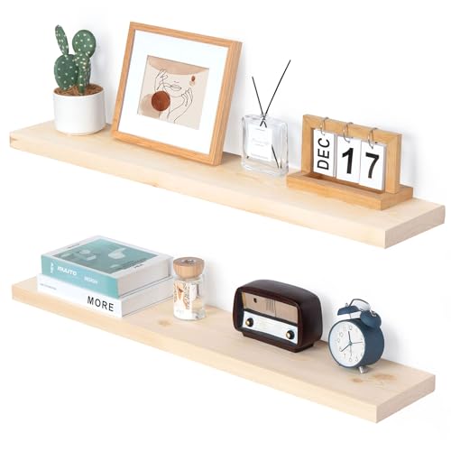 Marsmiles 36 Inch Floating Shelves Wood Unfinished, Natural Wooden Floating Shelves for Wall Set of 2, Solid Wood Wall Mounted Shelves for Bathroom Marsmiles
