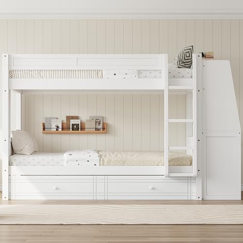 LUMISOL Full Over Full Bunk Bed with Desk and Bookshelves, Solid Wood Bunk Bed with Drawers for Kids Teens Adults, Safety Guardrail, Space-Saving Wooden Bunk Beds with Storage, White LUMISOL