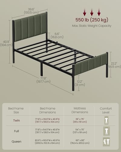 VASAGLE Twin Bed Frame with Upholstered Headboard, Metal Bed Frame Twin Size with Footboard, 550 lb Weight Capacity, Steel Slats, Easy Assembly, No Box Spring Needed, Forest Green URMB983C01V1 VASAGLE