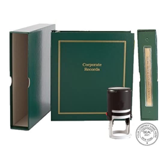 Corporate Kit (Green) - Binder, Slipcase, Minutes & Bylaws, Stock Certificates, Index Tabs & Black R-542 Self-Inking Corprate Seal Stamp Hubco