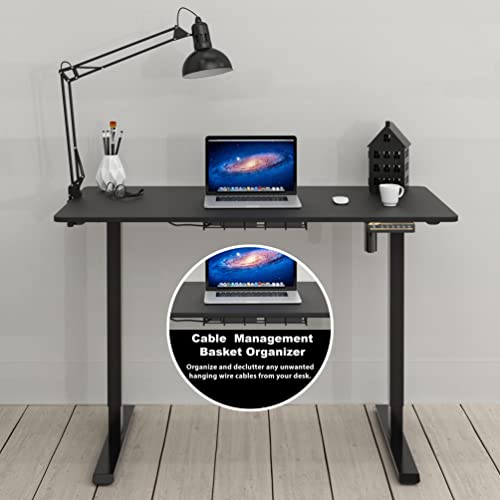 SHW Electric Height Adjustable Sit Stand Desk with Hanging Hooks and Cable Management, 48 x 24 Inches, Black Frame and Black Top SHW