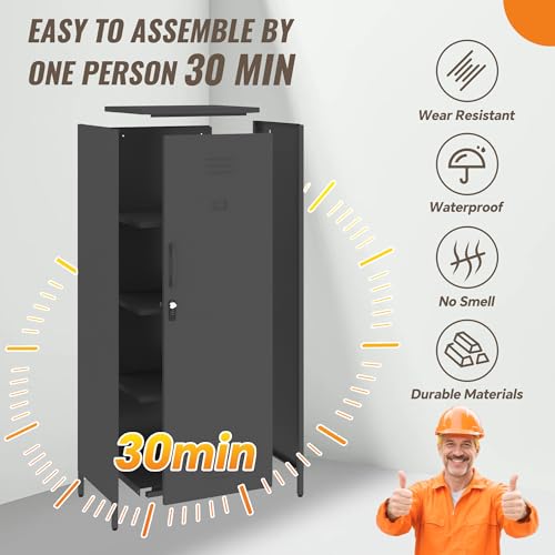 Steehoom Locker Cabinet, 59.06" H Black Metal Locker Storage Cabinet for Employees with Locking Door and 2 Shelves Kids Locker Tool File Cabinets for Bedroom, Home Office, Garage, Bathroom Steehoom