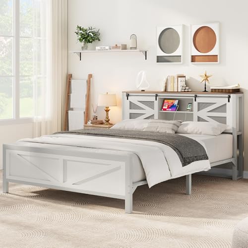 YITAHOME Farmhouse Queen Size Bed Frame with Headboard, Bookcase Storage Shelves, Sliding Grid Barn Door, Charging Station, Rustic Wood Platform Bed, No Box Spring Needed, White YITAHOME