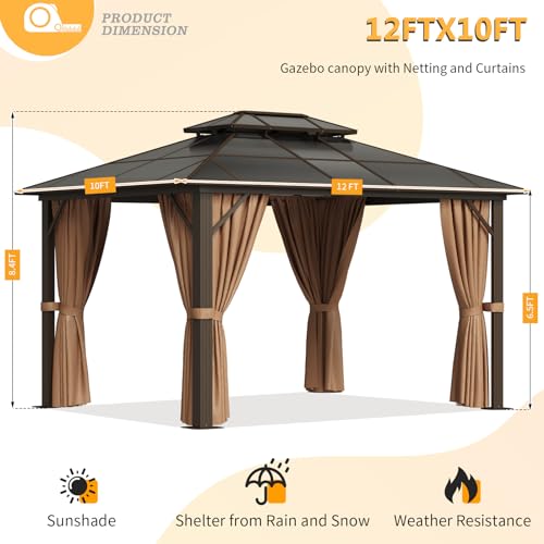 Jolydale 10'x12' Hardtop Gazebo,Outdoor Polycarbonate Gazebo, Double Roof Gazebo, Aluminum Frame Permanent Pavilion with Netting and Curtains, for Patios, Gardens, Backyard Jolydale