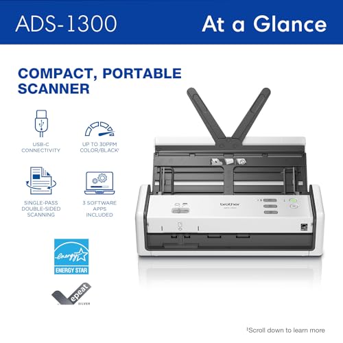 Brother ADS-1300 Compact Desktop Scanner | Scan Speeds of Up to 30ppm | Single Pass Double-Sided Scanning Brother