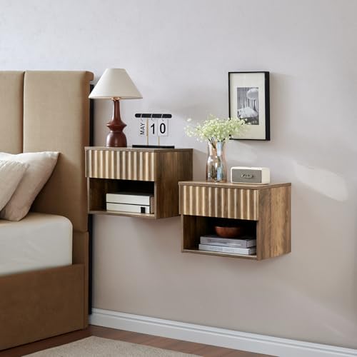 BuildHom Floating Nightstand with Fluted Drawer - Modern Wall Mounted Bedside Table with Open Storage Shelf, Small Night Stand TV Stand for Bedroom(Rustic Brown, Set of 2) BuildHom