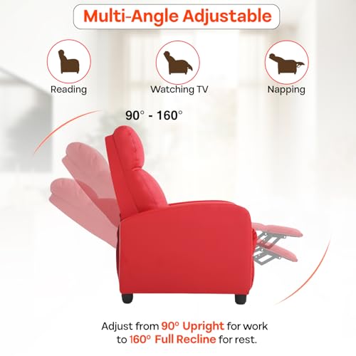 FDW Recliner Chair Massage Chair Reading Chair Reclining Sofa Home Theater Seating with Lumbar Support Massage and Padded Backrest for Living Room and Bedroom (Leather, Red)