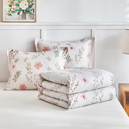 Joyreap 3pcs Floral Cotton Comforter Set for Girls, Pink Flowers n Leaves Botanical Design, Twin Size Soft n Cozy Bedding Comforter Set for All Season- 68x88 inches Joyreap