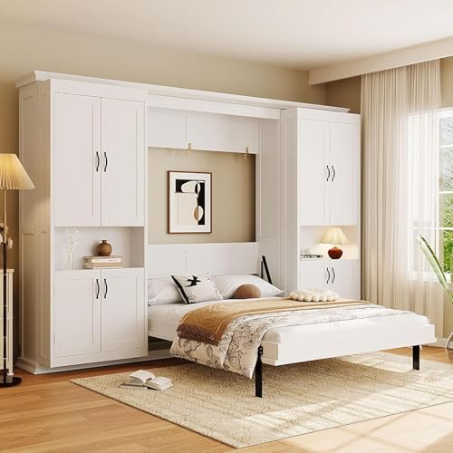 MERITLINE Full Murphy Bed with Storage Shelves,Cabinets,Bookcase, Wood Vertical Murphy Wall Bed Cabinet with Storage Shelves Bookshelves,for Adults,White MERITLINE