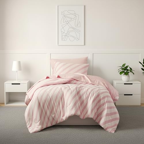 Reversible Striped Twin Comforter Set-Bed in A Bag 5-Pieces Bedding Set with Double-sided Stripes Design-Warm & Cozy Bed Set Includes Twin Size Comforter, Sheets Set, Pillowcase and Sham, Blush Regency Heights