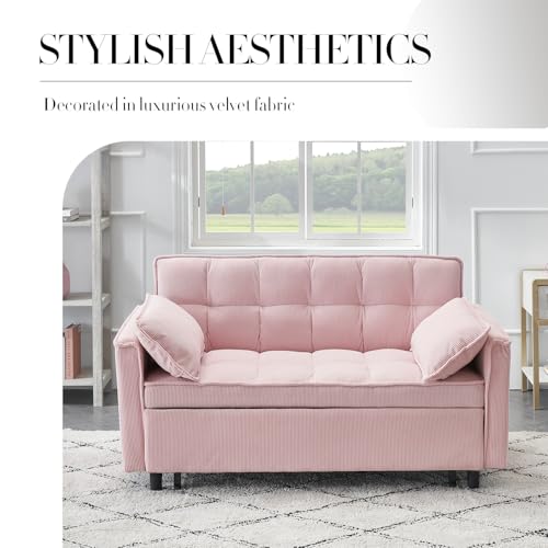 3 in 1 Corduroy Convertible Sofa Bed, Pull Out Couch Bed with Reclining Backrest and 2 Pillows, 54" Full Size Loveseat Sleeper Sofa Futon Couch Beds, Couches for Small Spaces, Living Room (Pink) Majnesvon